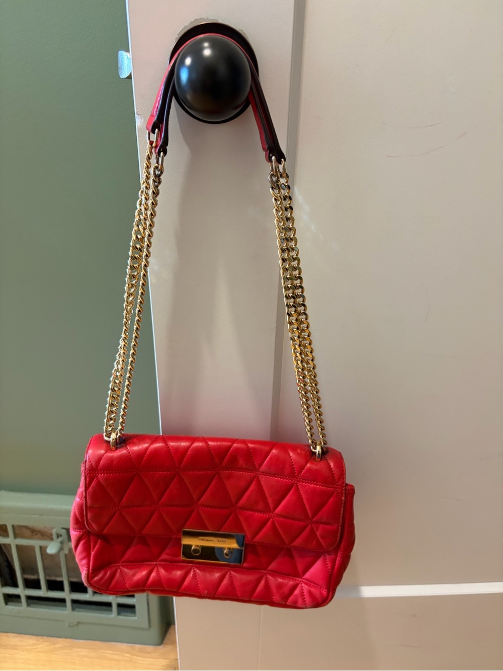 Michael Kors Red Quilted Leather Chain Shoulder Bag Flap Crossbody